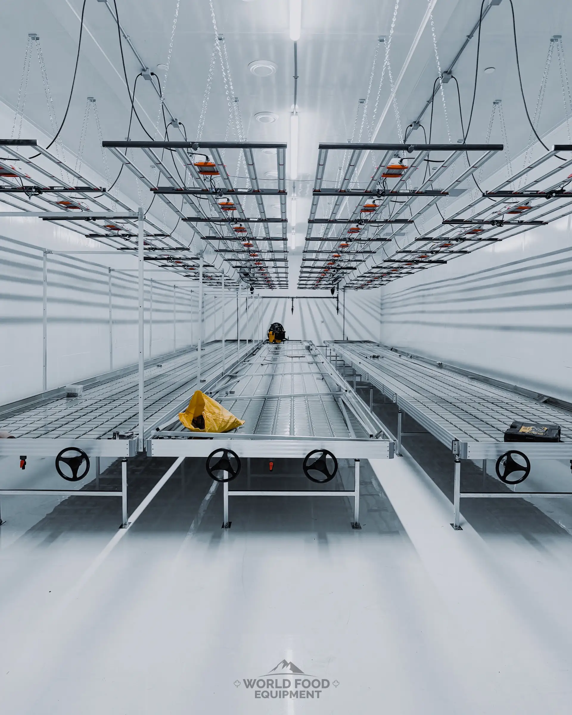 Wide interior of a finished cannabis grow room at 35 Silton built by World Food Equipment: white rolling benches on tracks, LED grow-light rails overhead, white insulated-panel walls and ceiling, sealed floor, Ontario cannabis cold storage