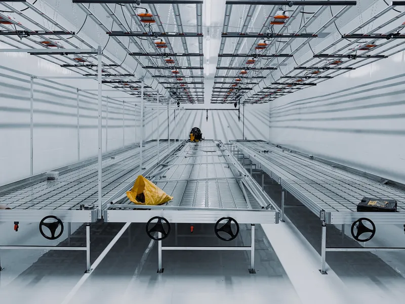 Empty cannabis grow room at 35 Silton ready for planting: white rolling benches on tracks with hand-wheel cranks, LED grow-light rails and irrigation drops overhead, white insulated-panel walls and ceiling, sealed floor.