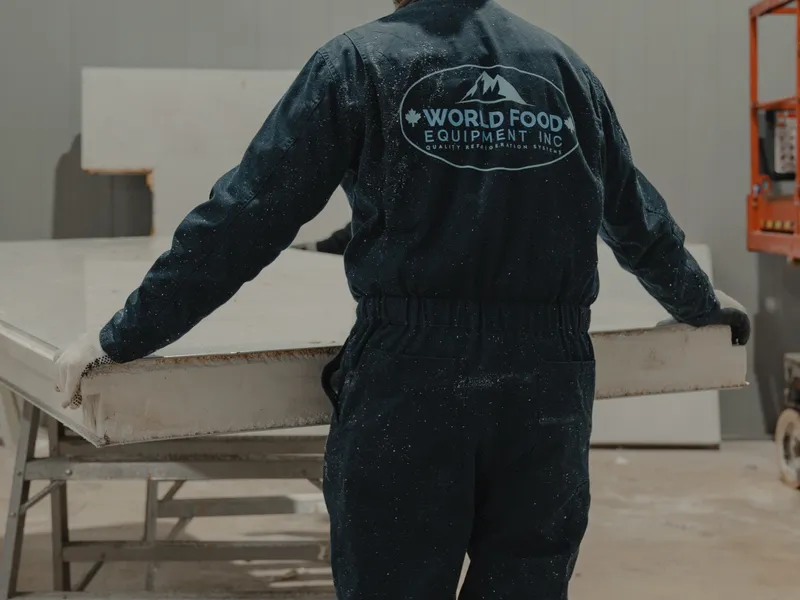 WFE Equipment Inc branded coveralls worker from behind leaning over a freshly cut insulated panel on a sawhorse during the 35 Silton install, vintage WFE oval logo prominent on the back of the coveralls.