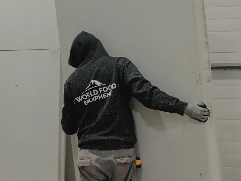 WFE installer in branded hoodie pressing an insulated panel into the doorway frame at 35 Silton, back view, work gloves on, panel sealed against the existing structure.