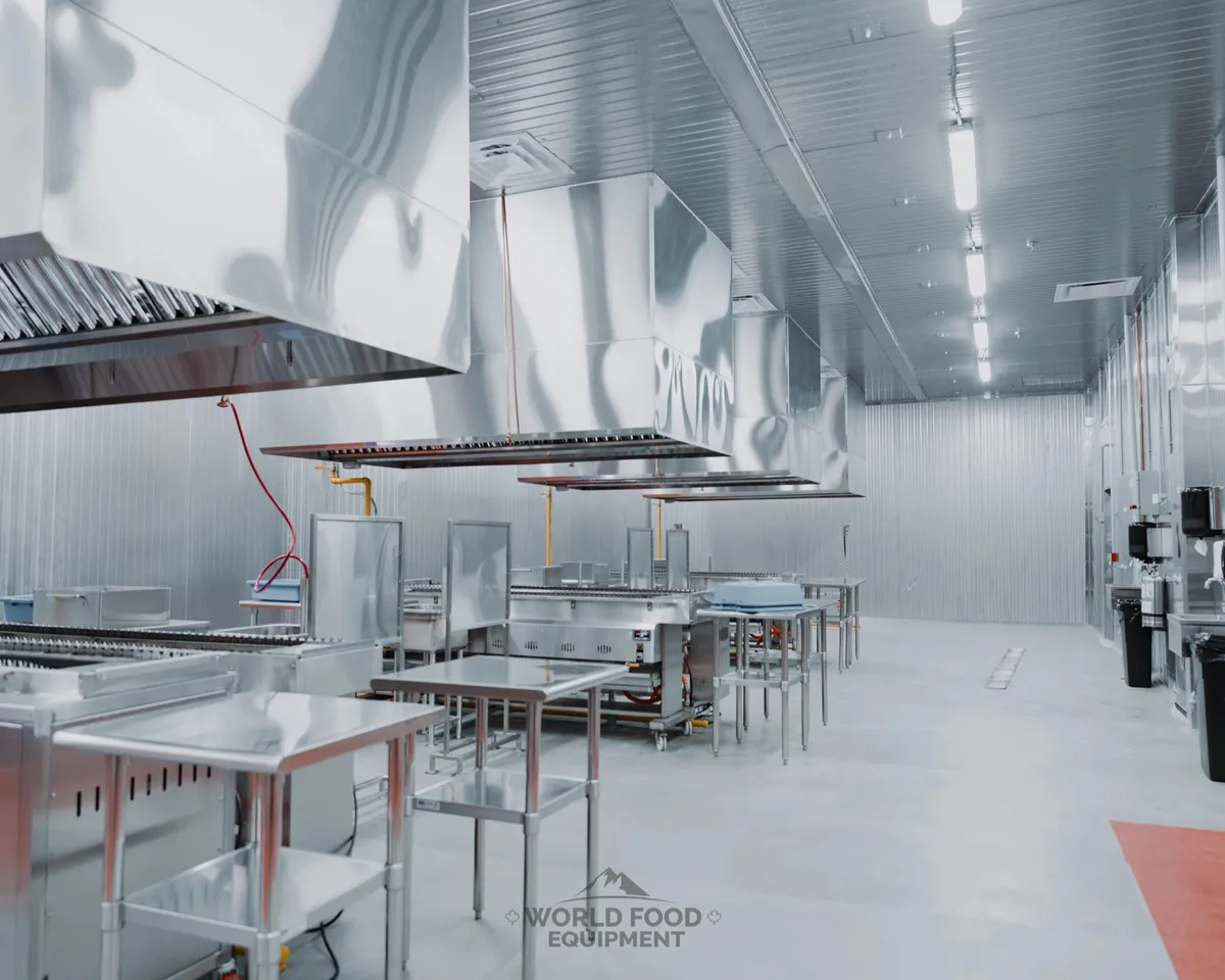 Wide finished commercial kitchen with full stainless-steel wall cladding, suspended stainless exhaust hoods over a central cooking line, stainless prep tables, polished concrete floor, Al Shamas commercial kitchen install by World Food Equipment