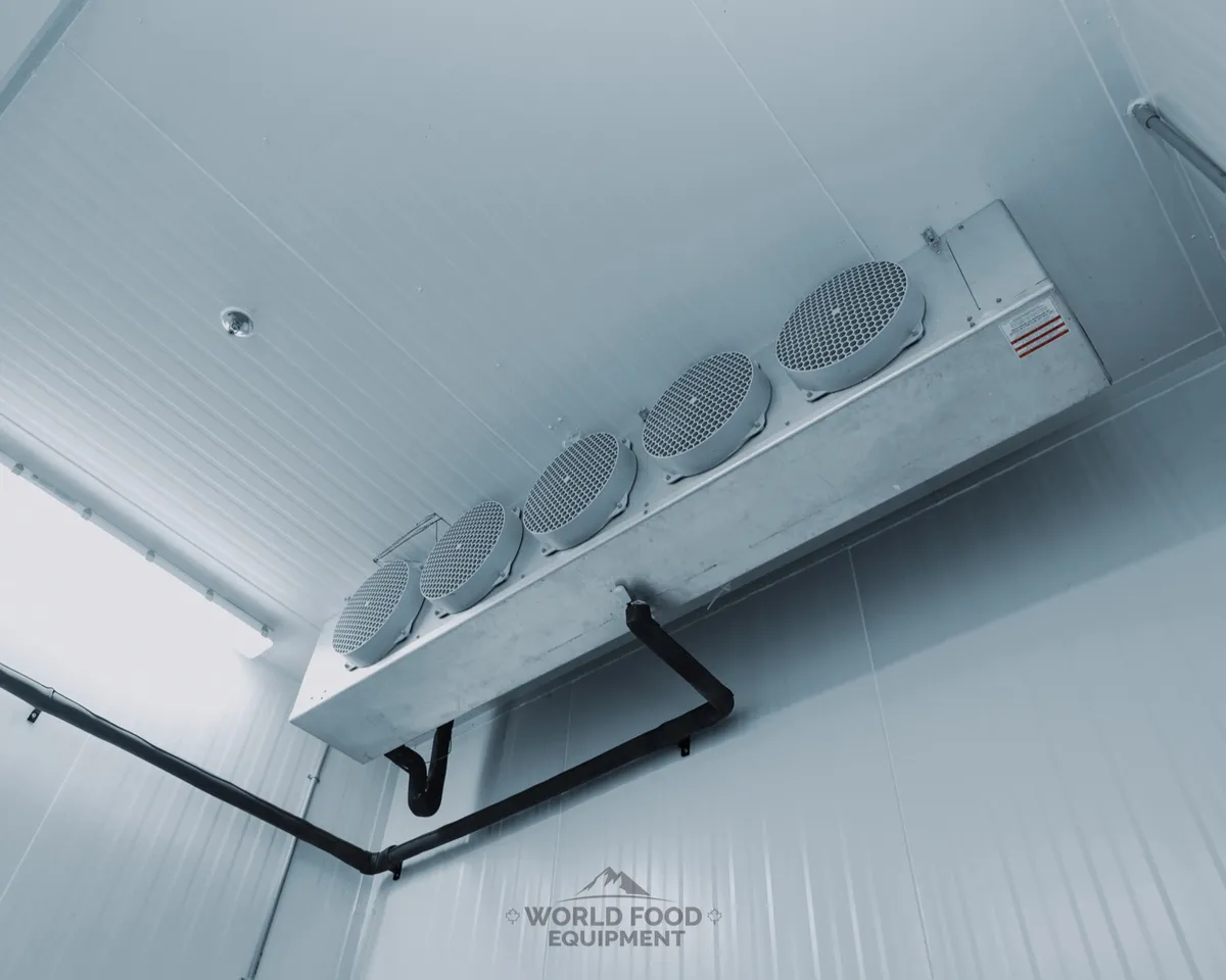 Large four-fan ceiling-mounted evaporator inside a finished white insulated cold room, refrigeration piping running along the panel wall, bright clean insulated panels, Ontario commercial cold storage by World Food Equipment
