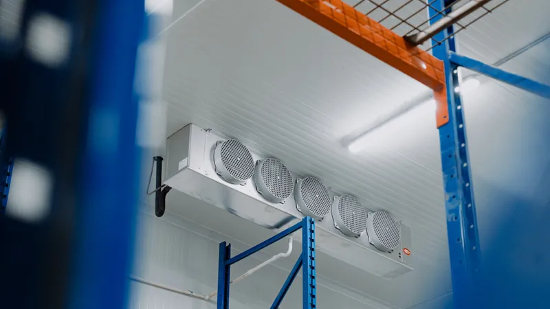 Ceiling-mounted five-fan evaporator unit between blue and orange industrial pallet racking in a finished commercial cold storage facility, Atlas install, Ontario, World Food Equipment.