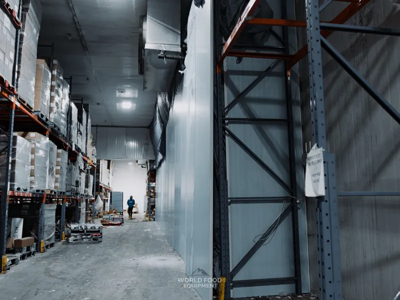 Cold storage aisle at CJR Grocers between pallet racking, worker visible in the distance, grocery distribution operational alongside the rebuilt section of the freezer wall while the rest of the 140 ft rebuild continues.