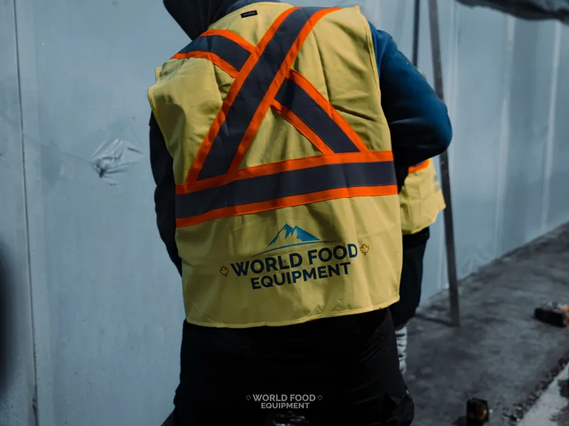 Close-up of a WFE in-house crew member from behind during the CJR Grocers freezer wall rebuild, hi-vis yellow safety vest with the WORLD FOOD EQUIPMENT wordmark on the back, panel-lined boundary wall visible behind.