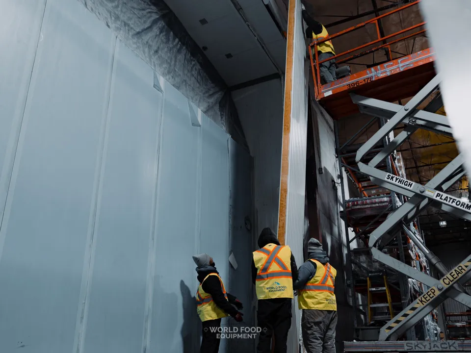 WFE crew at CJR Grocers sealing the top run of the rebuilt freezer wall: one worker high on the scissor lift on the right side of the frame, others at the wall base, panel sections already locked into place across the run.