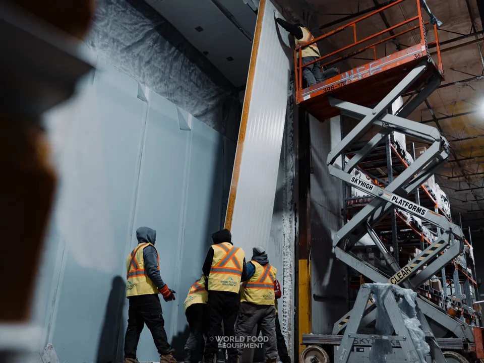 WFE crew at CJR Grocers raising a tall white insulated freezer-wall panel alongside a scissor lift during the 140 ft wall rebuild, panel rising vertically into the new envelope position.