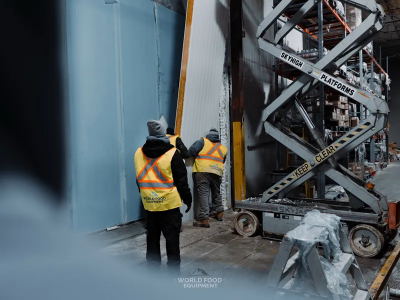 Two WFE crew at the corner of the rebuilt freezer wall at CJR Grocers, panel-to-panel seam meeting where new wall met existing structure, scissor lift staged to the right, vapor barrier visible at the seam.