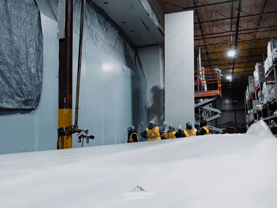 CJR Grocers freezer rebuild site at the start of the project: vapor-barrier curtain hanging where the failed 140 ft wall was removed, WFE crew in hi-vis gathered mid-zone, grocery pallet racking still operational on the right side of the frame.
