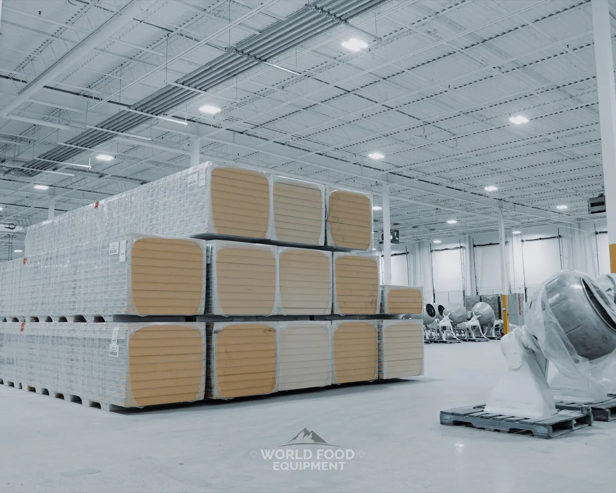 Wide bright industrial facility floor with stacks of white insulated cold-storage panels staged on pallets, white-wrapped processing equipment on the right, a yellow safety post, polished concrete floor under steel trusses, Ontario commercial cold storage build by World Food Equipment