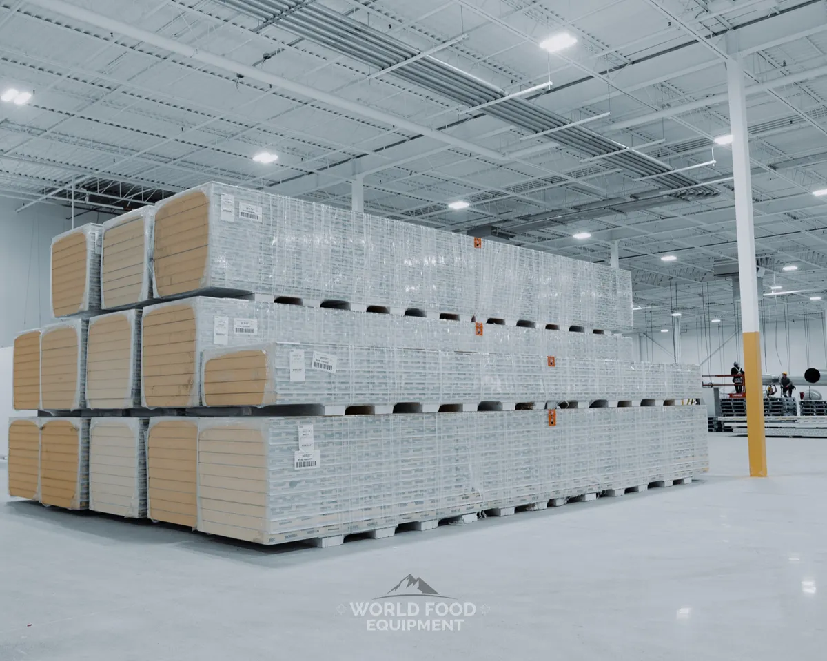 Stacks of white insulated cold-storage panels on pallets in a bright industrial warehouse, processing equipment staged in the background, polished concrete floor under steel trusses, Ontario commercial cold storage build by World Food Equipment
