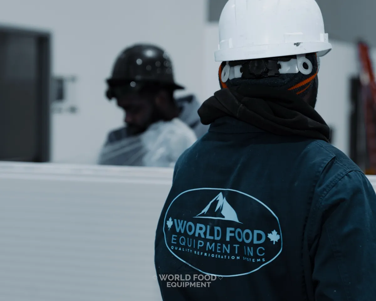 World Food Equipment installer in dark navy branded coveralls with the oval mountain World Food Equipment Inc logo across the back, white hard hat, setting a white insulated cold-storage panel, a second hard-hatted crew member working in the background, Ontario commercial walk-in installation by World Food Equipment