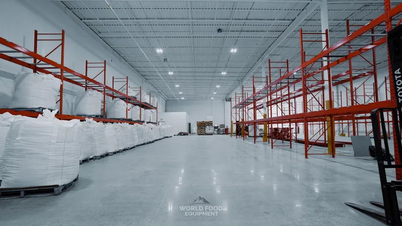 Cathedral-scale finished commercial cold storage warehouse with industrial orange pallet racking installed on both sides loaded with bulk product totes, Toyota forklift parked on the right, bright overhead lighting, custom-build cold storage at a chocolate processing facility, Ontario, World Food Equipment