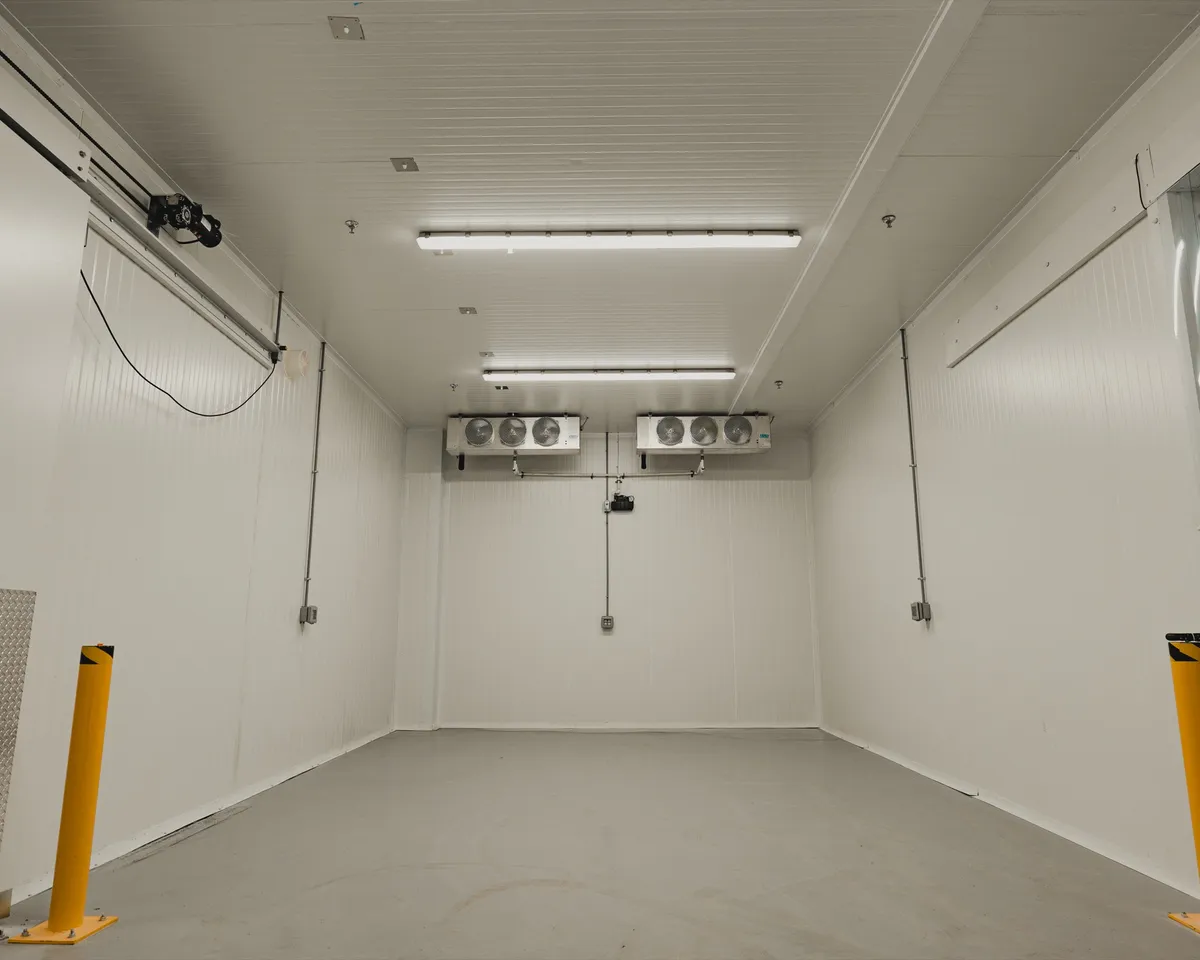 Finished commercial cold storage room with white insulated panel walls, dual three-fan ceiling-mounted evaporators on the back wall, a strip-curtain doorway on the right, yellow steel bollards, polished concrete floor, Ontario commercial cold storage by World Food Equipment