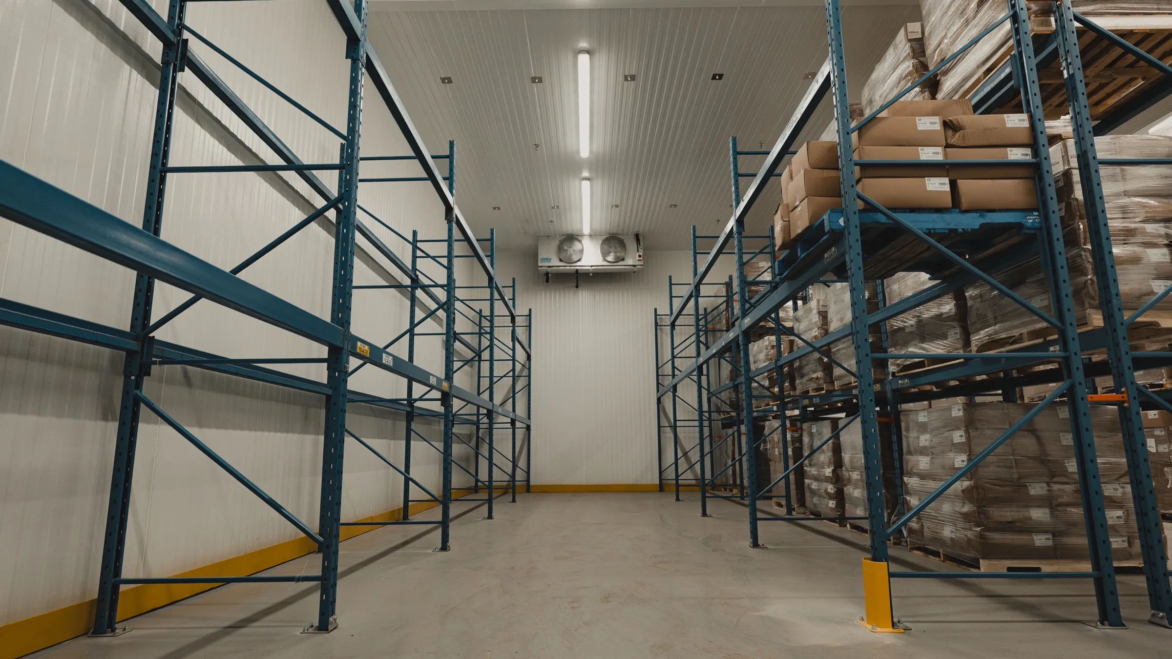 Stocked commercial cold storage room in Ontario with blue pallet racking down both sides, boxed product on the right-hand bays, a two-fan KeepRite ceiling evaporator on the back wall, white insulated panels and yellow floor guards, SKOR Crestlawn install by World Food Equipment