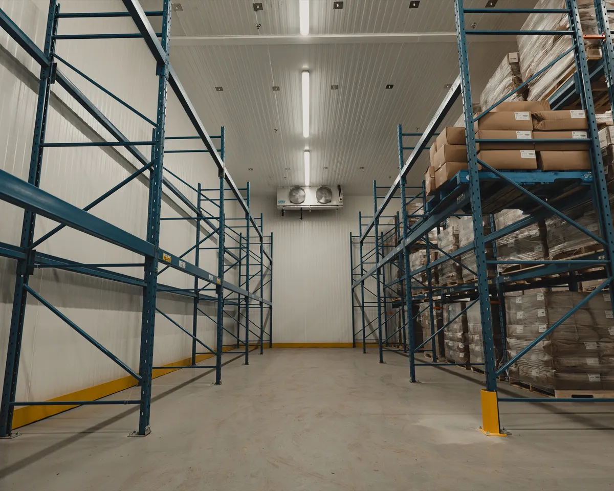 Finished commercial cold storage aisle with blue industrial pallet racking on both sides, the right side stocked with boxed product, a ceiling-mounted evaporator overhead, white insulated panel walls, yellow floor guards, Ontario walk-in cold storage by World Food Equipment