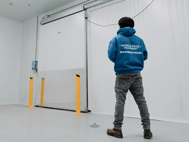 WFE installer from behind in branded blue hoodie on commissioning day at SKOR Crestlawn, facing the automatic sliding insulated door from inside the walk-in freezer, yellow steel bollards and diamond-plate kick guard visible at the doorway.