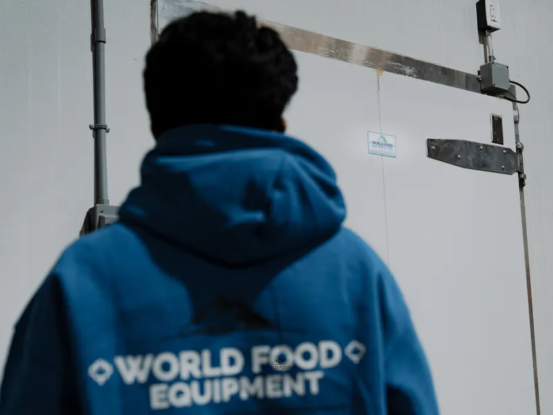 WFE installer in branded blue WORLD FOOD EQUIPMENT hoodie facing the white-panel walk-in cooler door at Food Junction Toronto, WFE service sticker visible on the door at eye level, metal door hinges and latch visible.