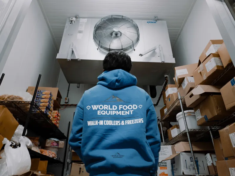 WFE installer in a branded World Food Equipment Walk-In Coolers & Freezers hoodie facing a ceiling-mounted evaporator inside a stocked walk-in cooler, wire shelving loaded with product on both sides, Food Junction restaurant install, Toronto, World Food Equipment