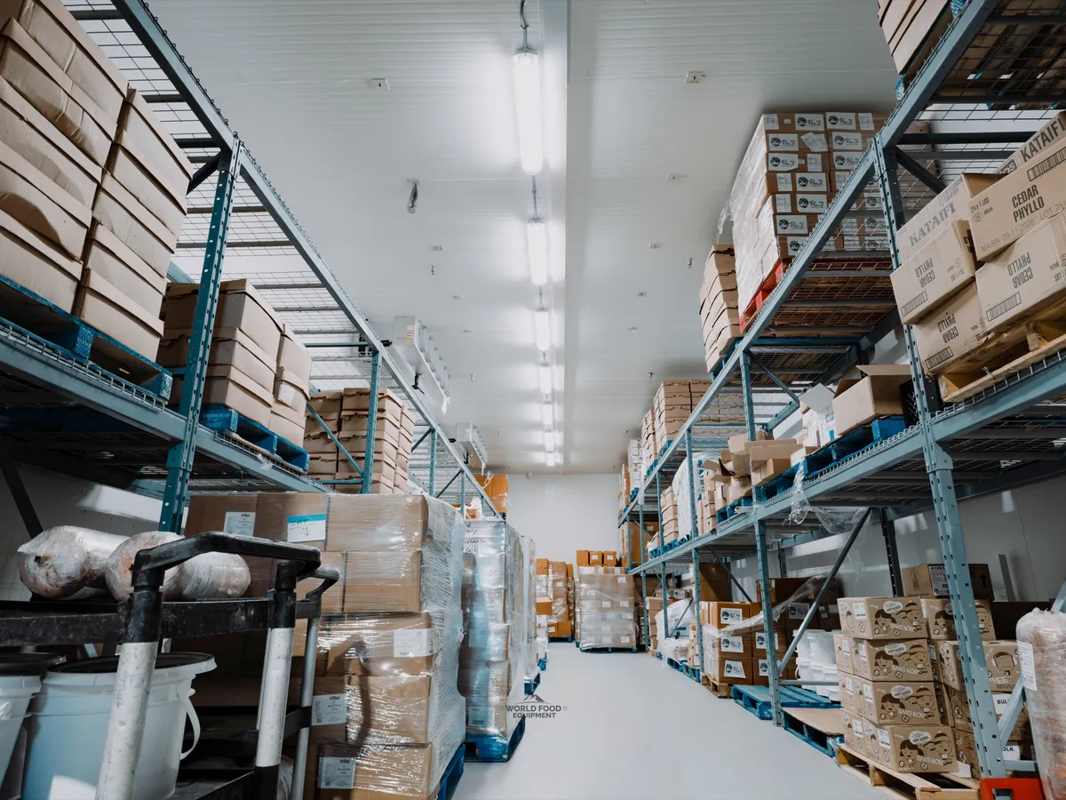 Stocked walk-in cold storage aisle at Food Junction Toronto, pendant lighting overhead, product on metal shelving running floor to ceiling down both sides, cooler operational with full restaurant inventory loaded.