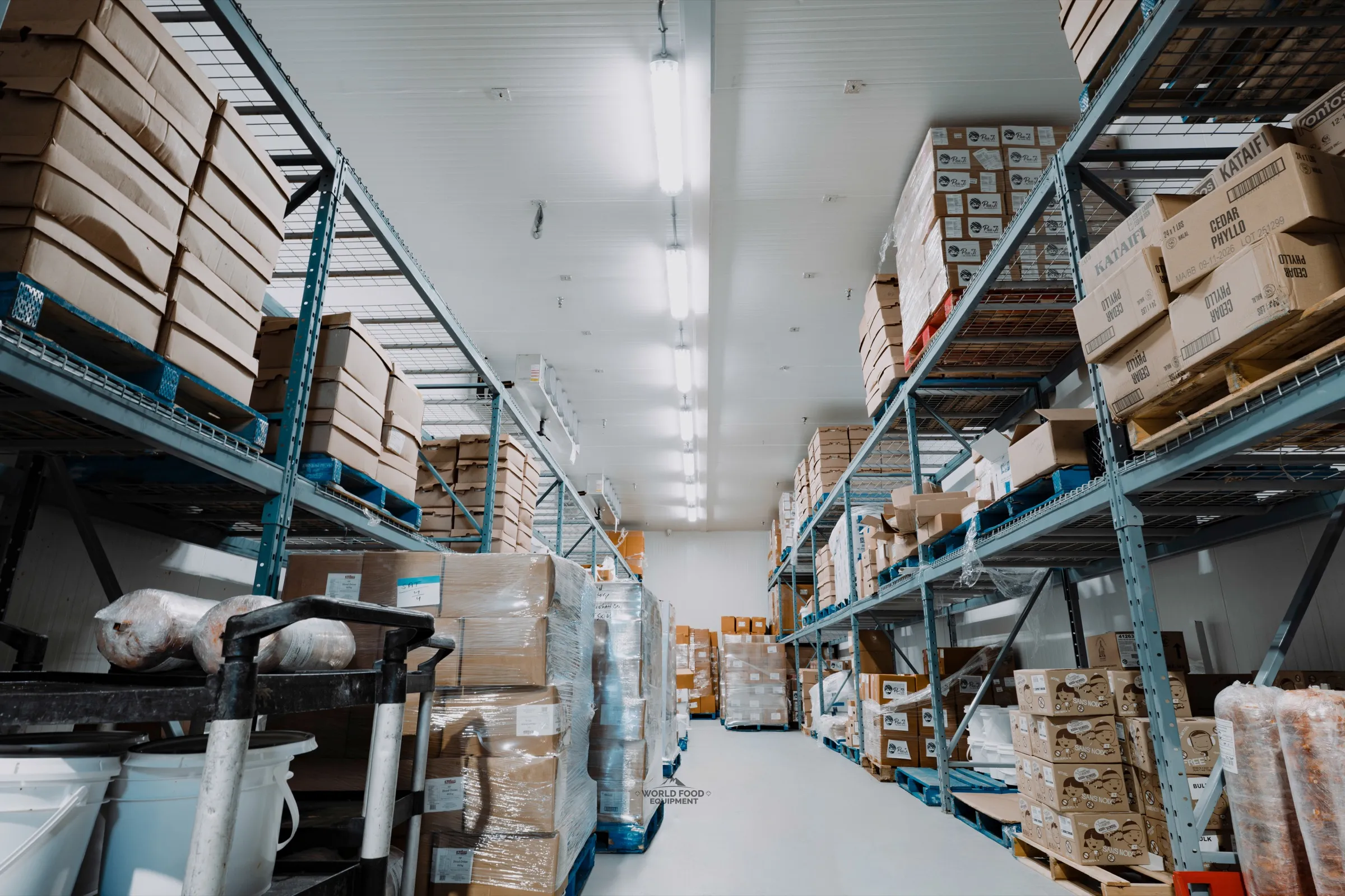 Interior aisle of the stocked Food Junction Toronto walk-in cooler with blue wire shelving loaded with boxed product on both sides, ceiling-mounted evaporator and strip lighting, and a cart in the center aisle, World Food Equipment install.