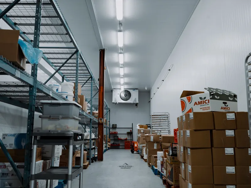 Adjacent storage aisle at Food Junction Toronto with smaller ceiling-mounted refrigeration unit overhead, blue metal shelving stocked with product on the left, branded AMICI boxes stacked on the right, narrower zone than the main cooler.