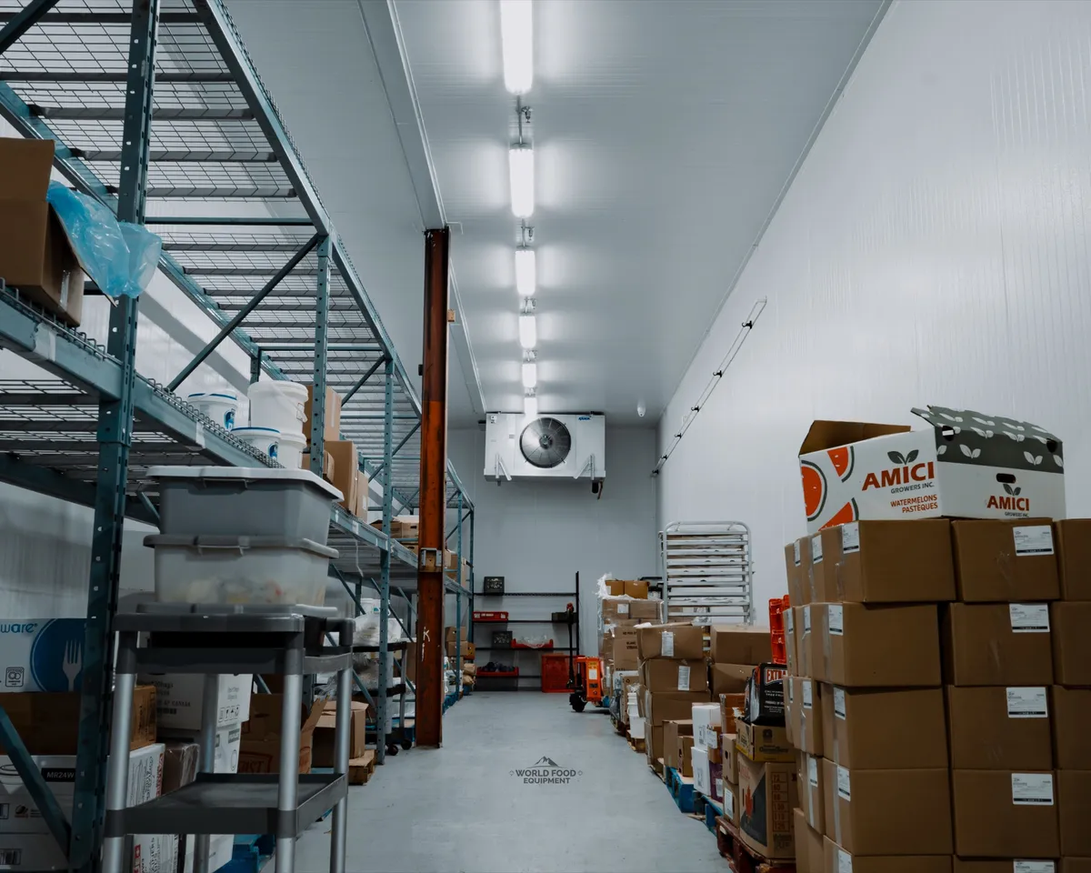 Trenton three-fan evaporator ceiling-mounted beside orange pallet racking in a finished Ontario walk-in, insulated suction line dropping to the wall, white insulated panel ceiling, Food Junction install in Mississauga by World Food Equipment