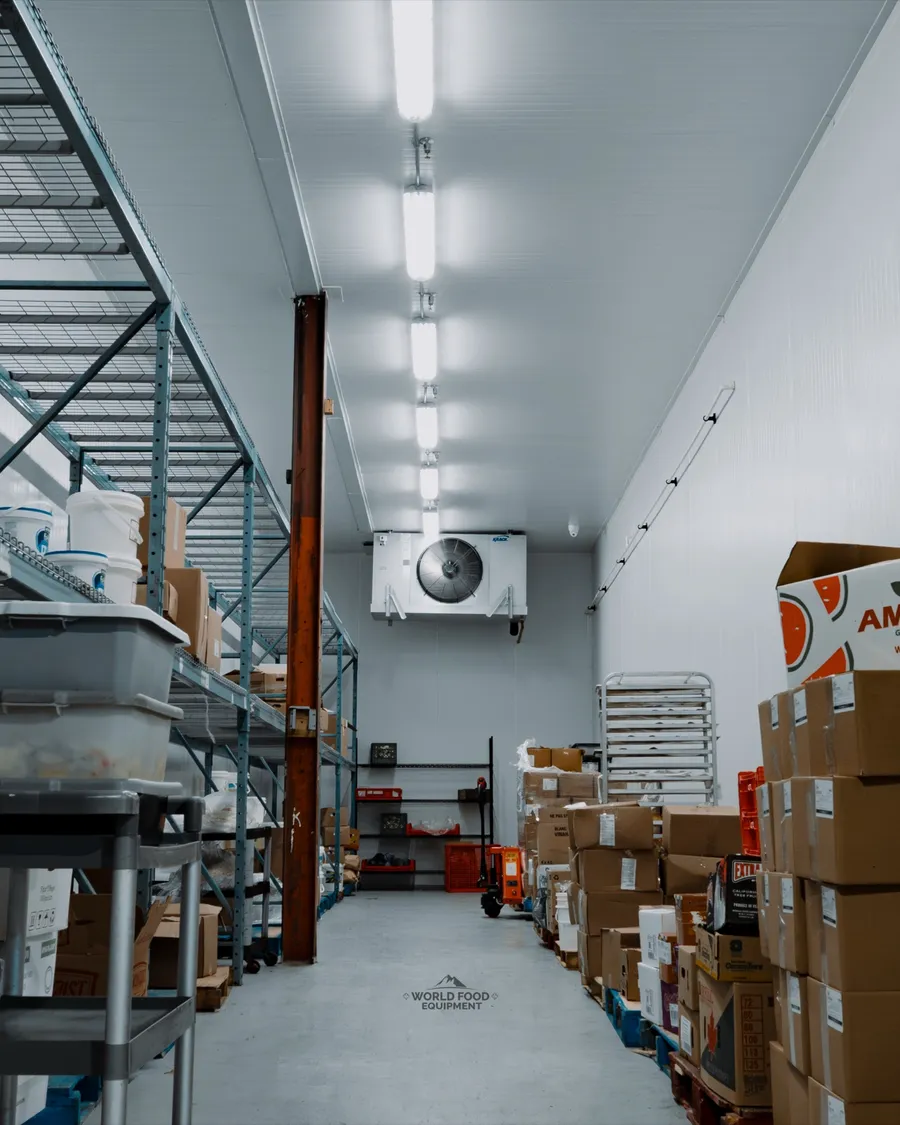 Interior of a stocked commercial walk-in cooler at Food Junction Toronto with wire shelving on the left holding bins of product, ceiling-mounted evaporator visible mid-room, stacks of branded product cases and bread tray racks on the right, polished concrete floor under fluorescent strip lighting, Food Junction install, Ontario, World Food Equipment