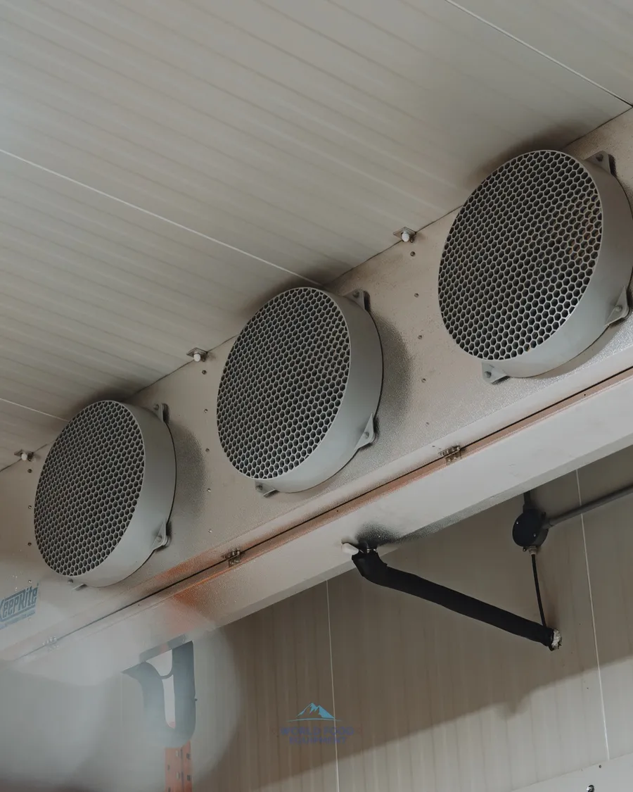 KeepRite low-temp evaporator unit, three-fan ceiling-mounted configuration, sized for a commercial walk-in freezer at an Ontario meat-processing facility, World Food Equipment
