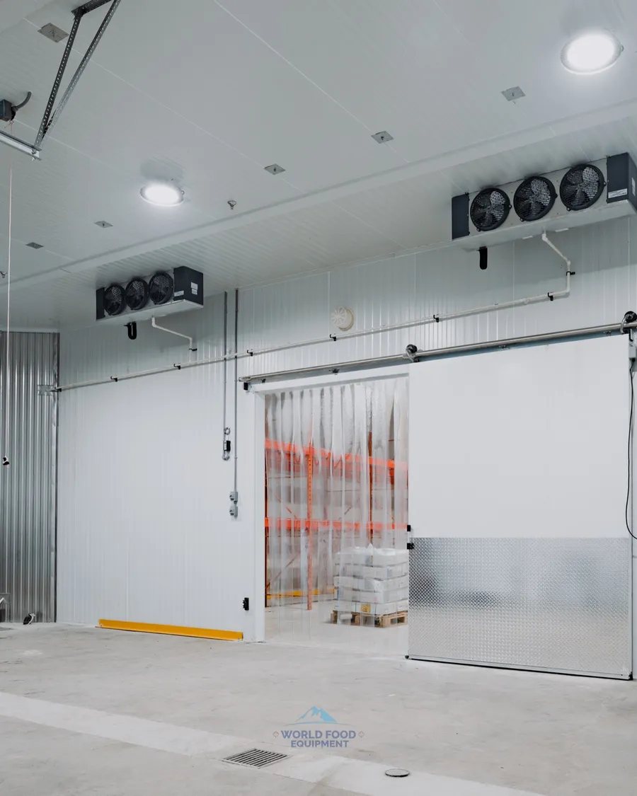 Commercial walk-in freezer with sliding insulated door slid open, orange vinyl strip curtain hanging at the doorway with product pallets visible inside, dual ceiling-mounted low-temp evaporators, wall-mounted digital control panel, Ontario meat-processing facility, World Food Equipment