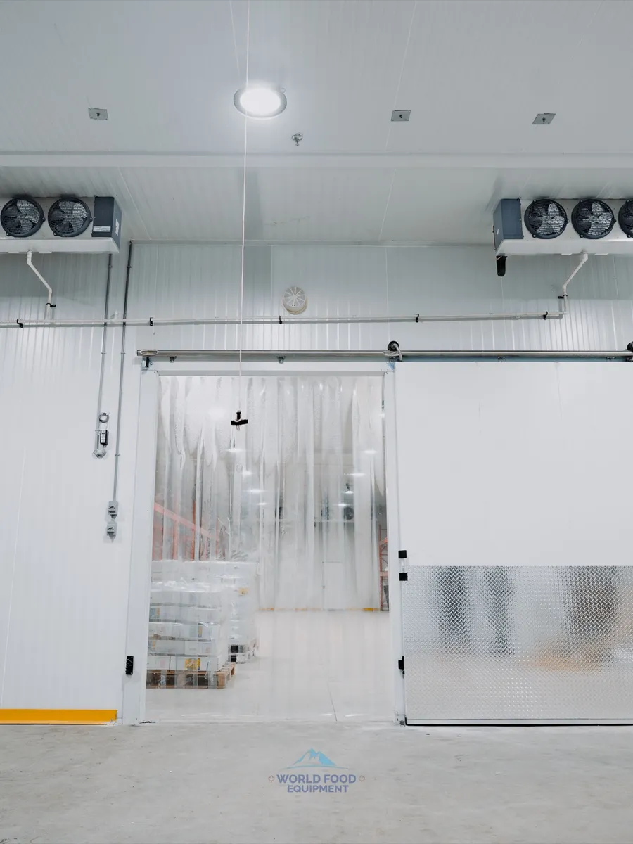 Finished commercial walk-in with a sliding insulated door open, vinyl strip curtain, dual ceiling evaporators, and yellow floor guards, Halal Meat processing facility, Ontario, World Food Equipment.