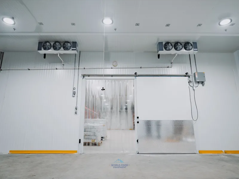 Clean finished commercial cold storage room with two ceiling-mounted dual-fan evaporators, a large sliding insulated door open to a clear PVC strip curtain and pallets beyond, diamond-plate door guard, yellow floor guards, Halal Meat processing install, Ontario, World Food Equipment
