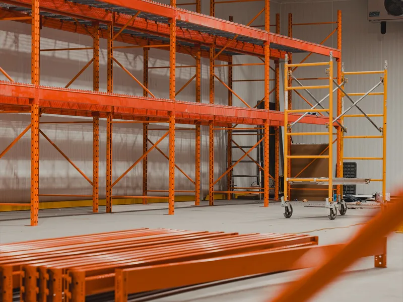 Mid-build close-up of partially-assembled orange pallet racking at the halal meat processor, racking beams stacked on the polished concrete floor in the foreground, scissor lift behind, white insulated panel walls already in place.