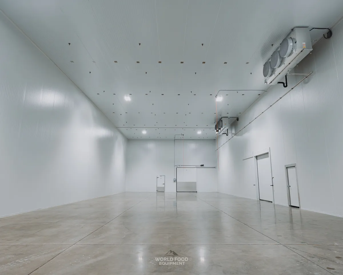 Large finished commercial cold-storage room with tall white insulated panel walls and ceiling, twin ceiling-mounted evaporators on the right wall, two insulated personnel doors on the back wall, polished concrete floor, Pacer Air Freight install, Ontario, World Food Equipment