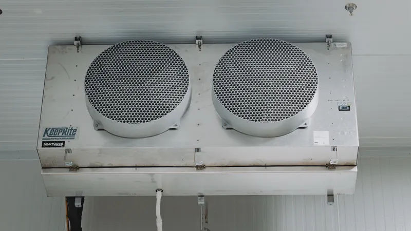 KeepRite SmartSpeed evaporator unit ceiling-mounted in a finished operational walk-in cooler, brand decal visible on the front housing, dual fan grilles, refrigerant line set with foam insulation, Pacer Air Freight install, Ontario, World Food Equipment.