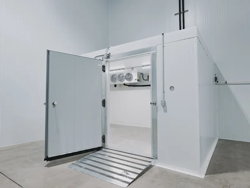Insulated swing door open at the entry of a smaller pharma-grade compartment inside the larger Pacer Air Freight medical-grade cold storage envelope in Mississauga, diamond-plate floor ramp at the threshold, refrigeration line routed down the wall, refrigeration plant visible inside the smaller compartment through the open doorway.
