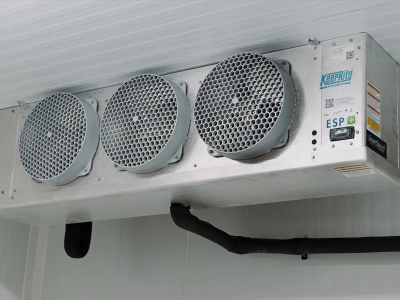 Close-up of a KeepRite ESP+ SmartSpeed three-fan ceiling-mounted evaporator at the Pacer Air Freight medical-grade cold storage in Mississauga, KeepRite Refrigeration logo prominent on the unit casing, ESP+ model badge and SmartSpeed branding visible, refrigeration drain line wrapped in black insulation tape running below the unit.