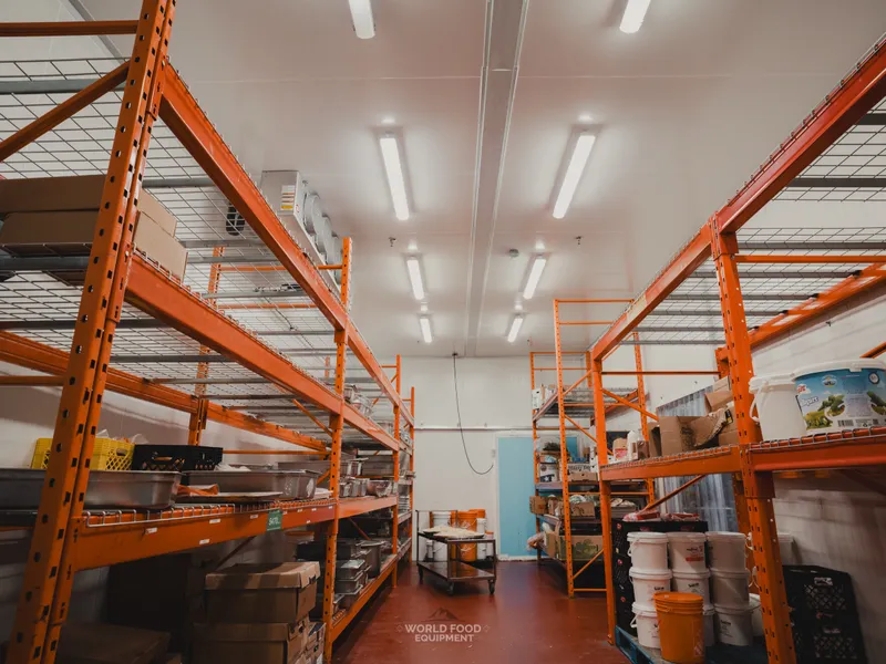 Empty interior of one of the finished Stainless Steel cold rooms showing the reinforced concrete floor finished in 2-part epoxy, fluorescent strip lighting overhead, and custom shelving installed on both sides.