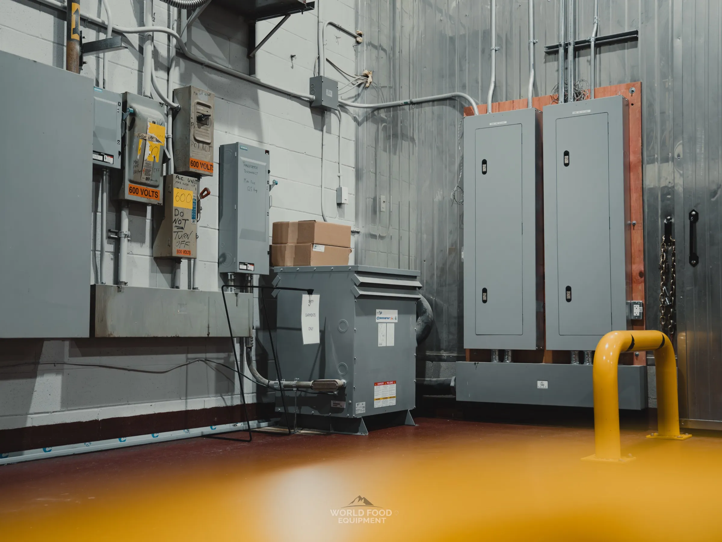Electrical room at the Stainless Steel project in Ontario: fused disconnect switches labelled 600 volts, a dry-type transformer, and two distribution panels on a plywood backboard beside a yellow bollard, World Food Equipment