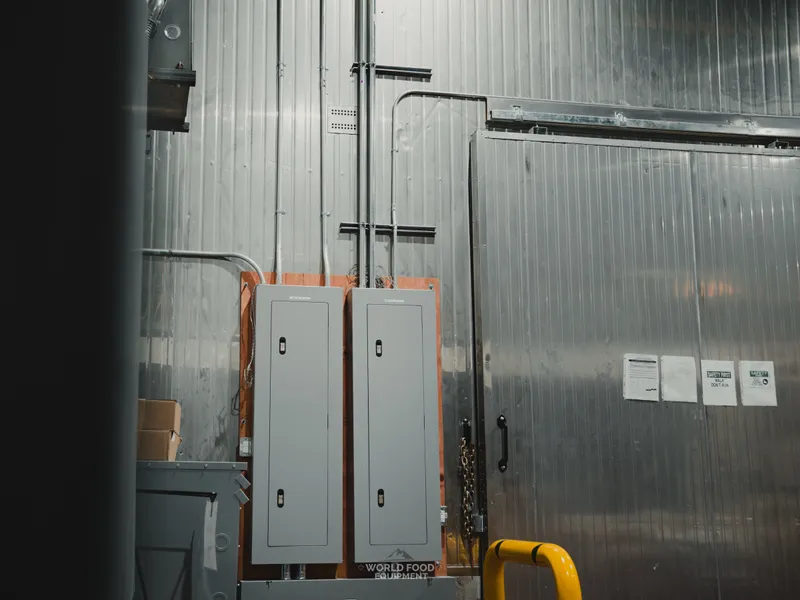 Exterior wall of a Stainless Steel walk-in envelope, silver corrugated stainless cladding, adjacent grey electrical service panels, and yellow safety bollard on the epoxy floor.