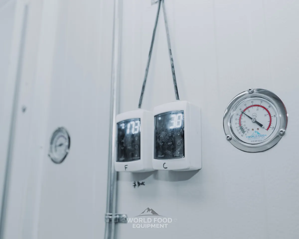 Close-up of dual digital temperature controllers showing Fahrenheit and Celsius set points beside a World Food Equipment branded analog thermometer gauge mounted on a white insulated panel wall inside a commercial walk-in, Ontario commercial refrigeration by World Food Equipment