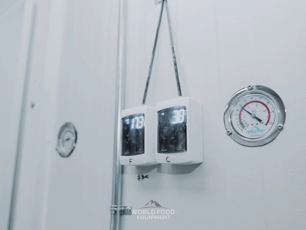 Two Dixell digital controllers labelled F and C hanging on the panel between The Bagel House walk-in doors, with a WFE-branded NSF dial thermometer mounted on the panel beside them.