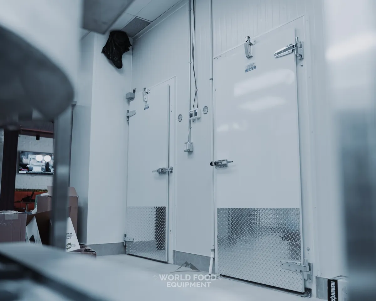 Two finished white insulated walk-in cooler and freezer doors viewed from inside a commercial kitchen, diamond-plate kickplates and dial thermometers, stainless prep surfaces in the foreground, The Bagel House install, Ontario commercial walk-in installation by World Food Equipment