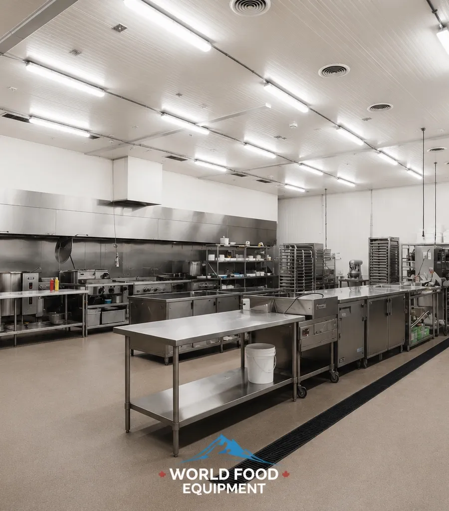 Wide view of a commercial restaurant kitchen interior with a central stainless steel prep island, additional stainless prep tables and equipment along the left and right walls, bakery sheet-pan racks staged on both sides, a centered overhead exhaust hood, exit sign visible at the back-right, white insulated panel walls and ceiling, polished concrete floor with a centered drain trough, Ontario commercial restaurant kitchen by World Food Equipment