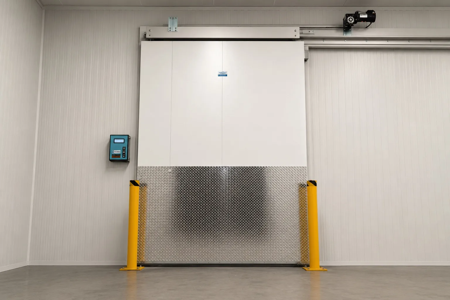 Automatic insulated sliding door on a walk-in freezer, with the electric operator on the top track, a wall-mounted door control box, a diamond-plate kick panel, and yellow steel bollards on each side, Ontario install by World Food Equipment