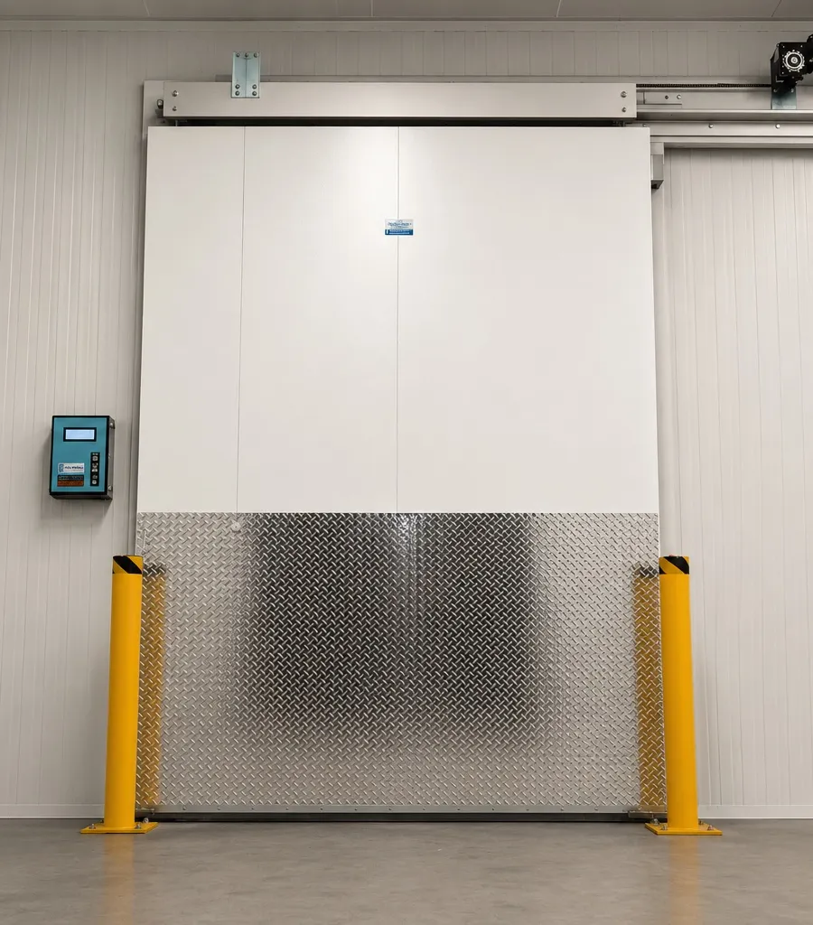 Finished commercial walk-in cooler with a motorized automatic sliding insulated door, polished diamond-plate kickplate covering the bottom of the door, dual yellow safety bollards in front of the door, wall-mounted digital control panel on the left, drive motor mechanism visible on the top track, white insulated panel walls, polished concrete floor, Ontario commercial walk-in installation by World Food Equipment