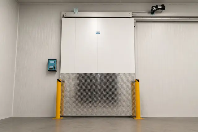 Sliding walk-in cooler door with diamond-plate kickplate and bollards
