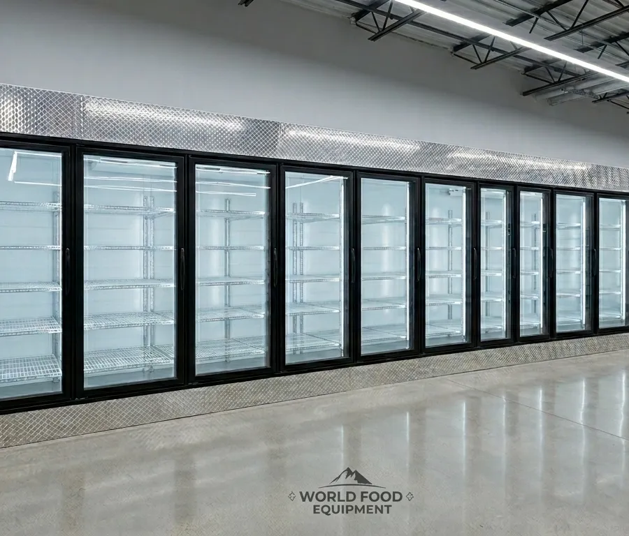 A long lineup of black-framed glass-door reach-in refrigerated merchandisers freshly installed along a wall, the run trimmed with brushed aluminum diamond plate, white interiors with chrome wire shelves behind the glass, in a commercial grocery and convenience-store space, glass-door display cooler installation by World Food Equipment, Ontario