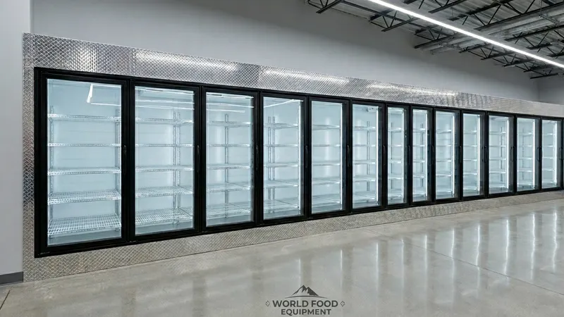 A long lineup of brand-new black-framed glass-door reach-in refrigerated merchandisers freshly installed along a wall, the run trimmed with brushed aluminum diamond plate, empty white interiors with chrome wire shelves visible behind the glass, in a commercial grocery and convenience-store space, glass-door display cooler installation by World Food Equipment, Ontario
