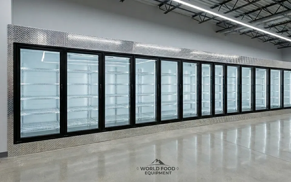 A long lineup of brand-new black-framed glass-door reach-in refrigerated merchandisers freshly installed along a wall, the run trimmed with brushed aluminum diamond plate, empty white interiors with chrome wire shelves visible behind the glass, in a commercial grocery and convenience-store space, glass-door display cooler installation by World Food Equipment, Ontario